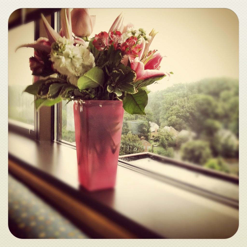 The view from my hospital room and flowers from my company